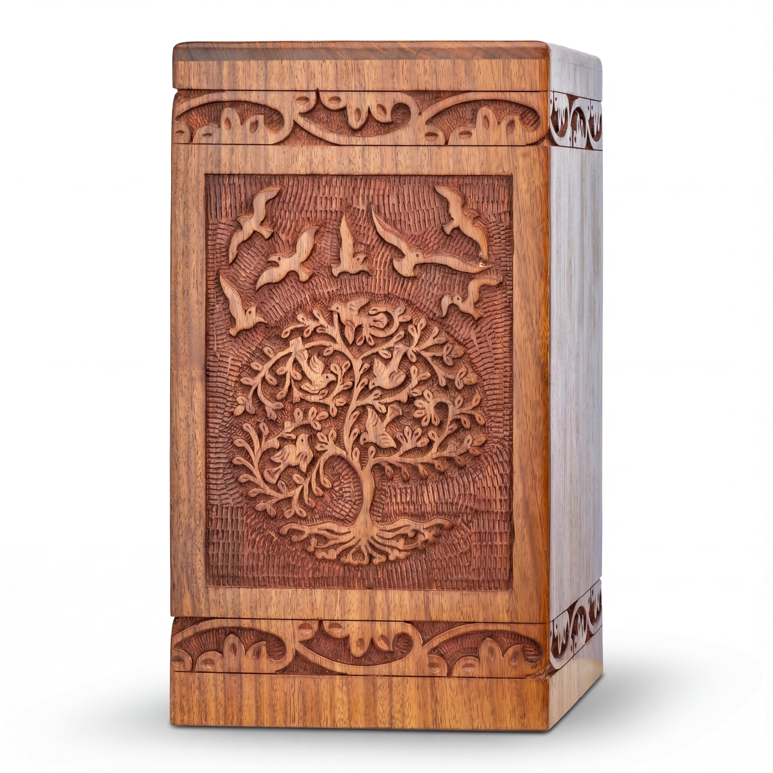 INTAJ Handcarved Wooden Cremation Urn for Human Ashes - Tree of Life Design, 250 lbs Capacity, Suitable for Adult Men and Women - Decorative Funeral Urn Box and Casket - Wooden Carved Box