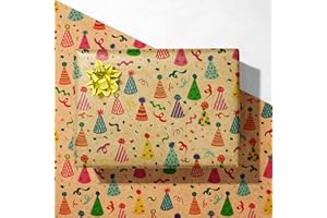 GIOLNIAY Kraft Birthday Wrapping Paper for Kids Men Women Baby Shower - Recycled Gift Wrap with Colorful Party Hat Design Design - 28 x 40 Inches, 4 Folded Sheets, Easy to Store