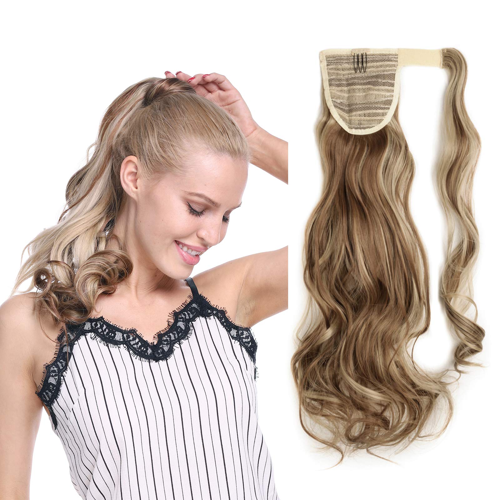 17inch Synthetic Ponytail Extensions Curly Wrap Around Pony Tail Hairpiece for Women (Light Brown&Blond) — image 1
