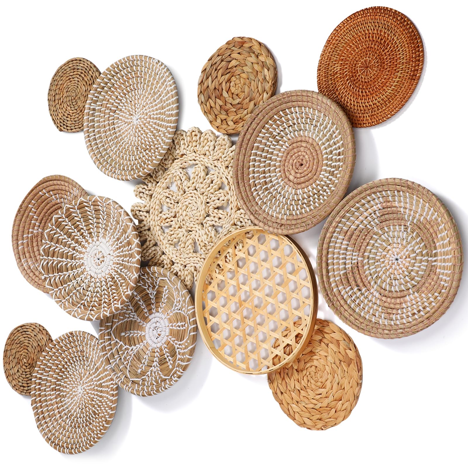 Photo 1 of Nuenen 14 Pcs Boho Wall Basket Decor, Decorative Hanging Woven Basket Wall Decor Rustic Round Handmade Placemats for Farmhouse Living Rooms Bedrooms Table Kitchen Home Display(White Color)