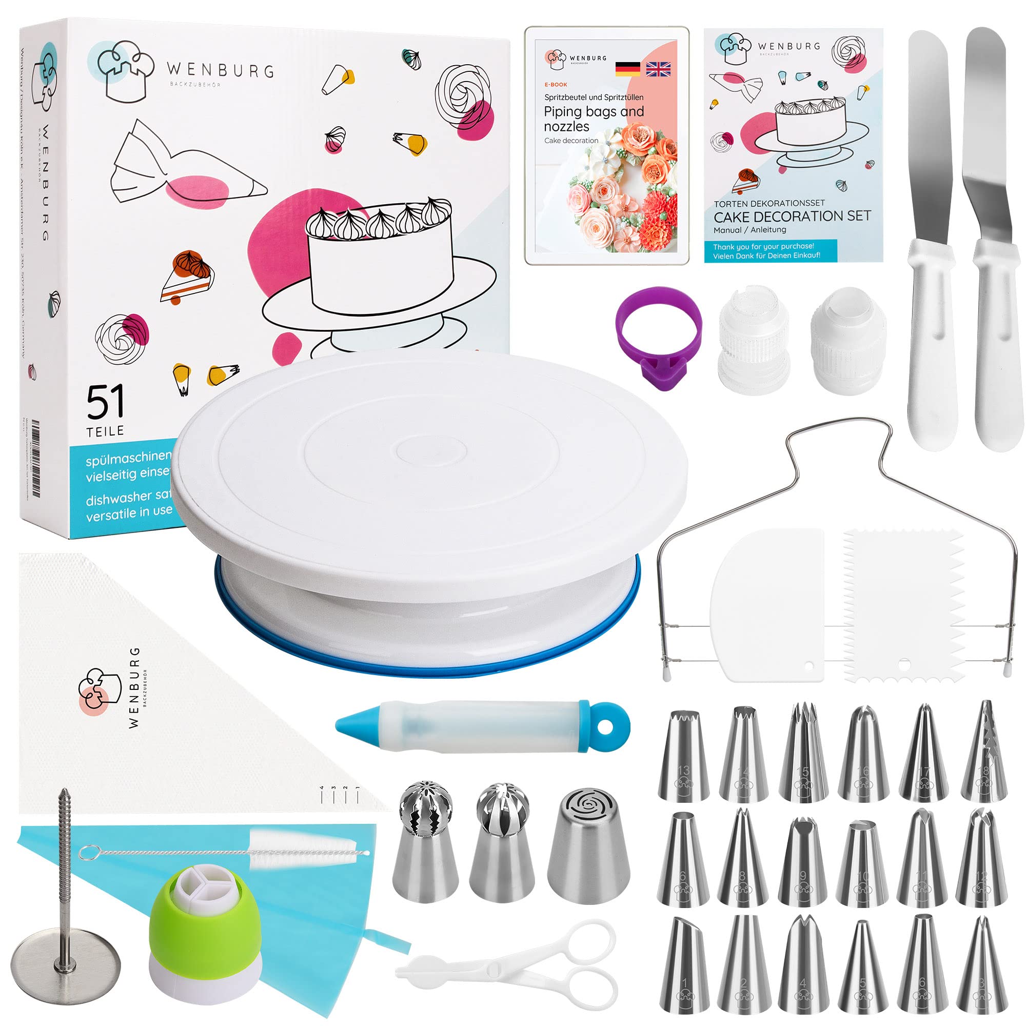 Wenburg Cake Turntable Decorating Kit, 51 pcs - Piping Bags and Nozzles, Cake Turntable, Leveller, Scrapers - Baking Accessories & Cake Decorating Tools - Baking Supplies - for Beginners & Pros