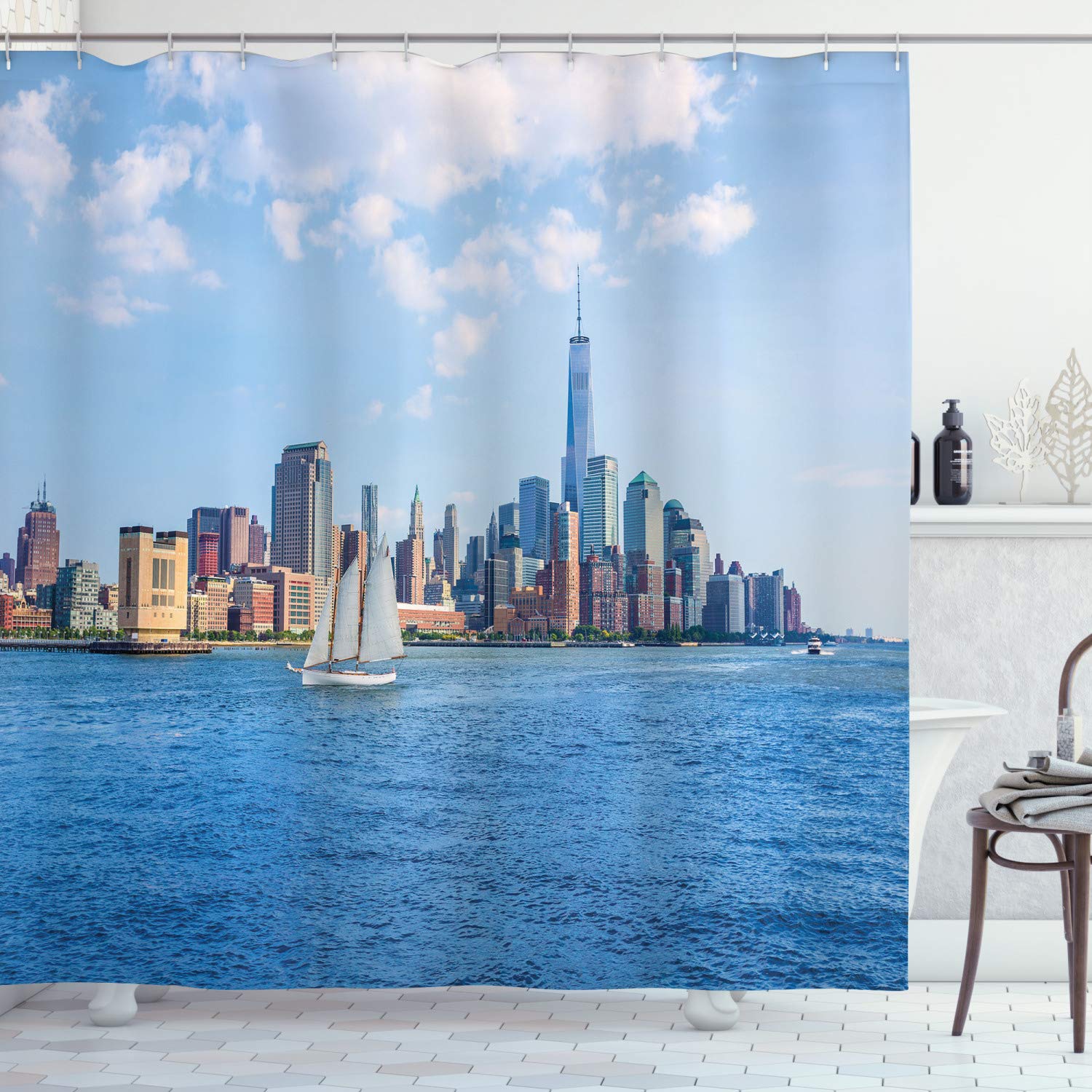 ABAKUHAUS Sailboat Shower Curtain, Manhattan Skyline New York Sunshine USA Clear Sky Tower Skyscraper Photography, Cloth Fabric Bathroom Decor Set with Hooks, 70" Inches, Blue grey