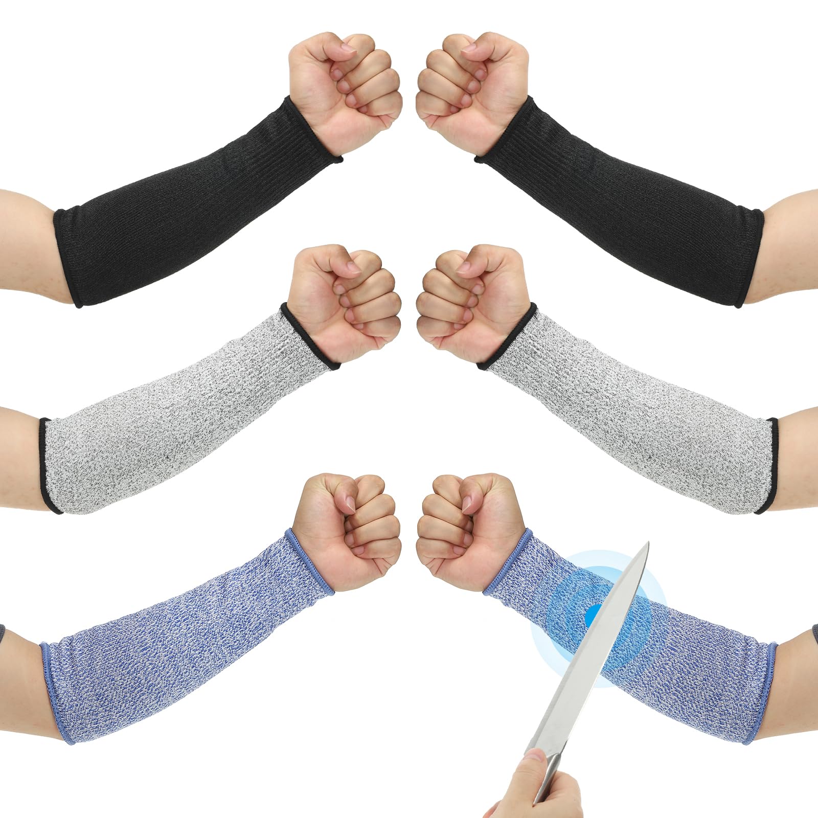 PATIKIL 10 Inch Cut Resistant Sleeve, 3 Pairs Arm Safety Protectors Sleeves Forearm Sleeve HPPE Level 5 Protection for Thin Skin and Bruising, XS, Black/Gray/Blue