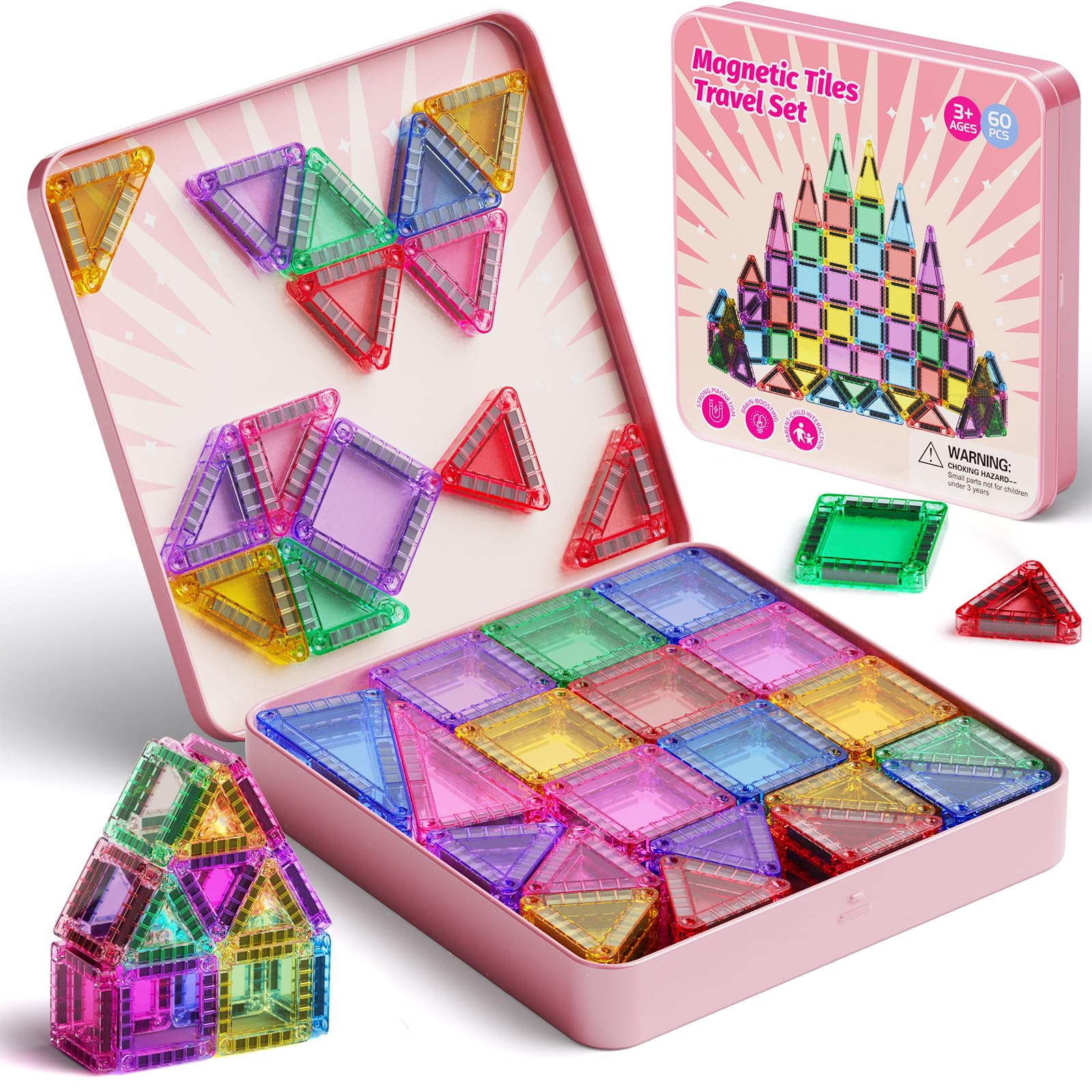 60PCS Mini Magnetic Tiles Travel Set with Iron Tin- Portable STEM Building Blocks for Kids 3-8, Montessori Educational Magnet Toys for Airplane, Car Rides & On-The-Go Play