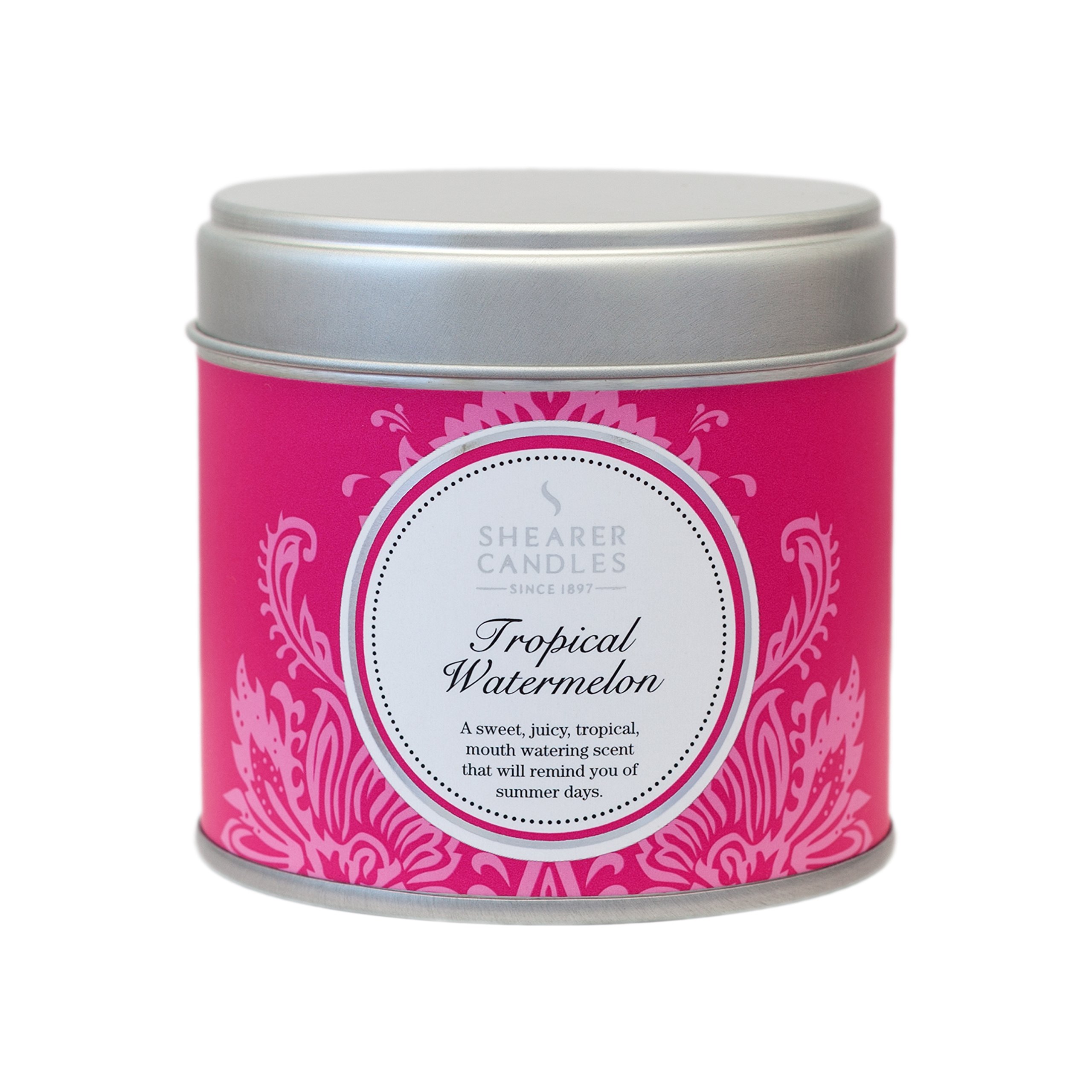 Shearer Candles Large Tropical Watermelon Scented Tin Candle with Silver Lid, Pink