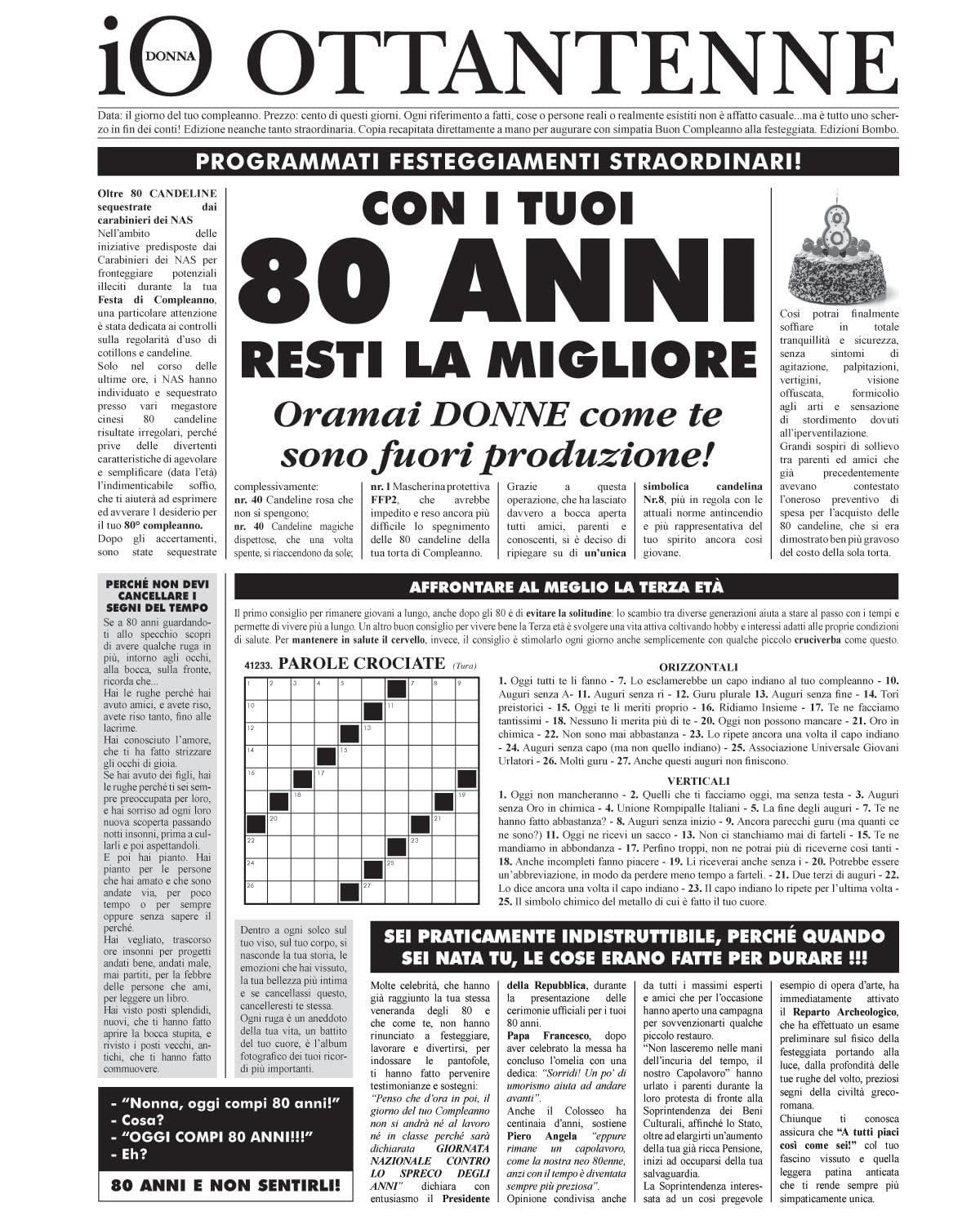 Bombo Greeting card newspaper I woman 80 years old To celebrate a friend's birthday.