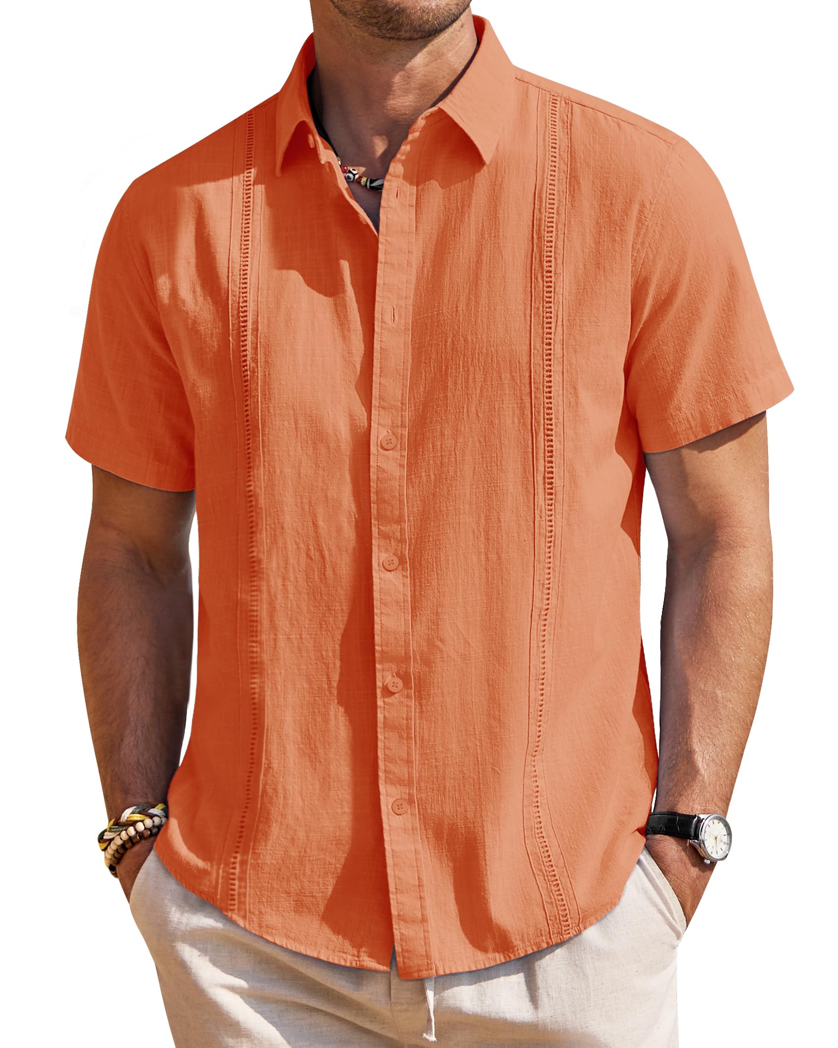 Men's Linen Shirt Short Sleeve - Lightweight Cuban Guayabera Style, Casual Summer Top - View #13
