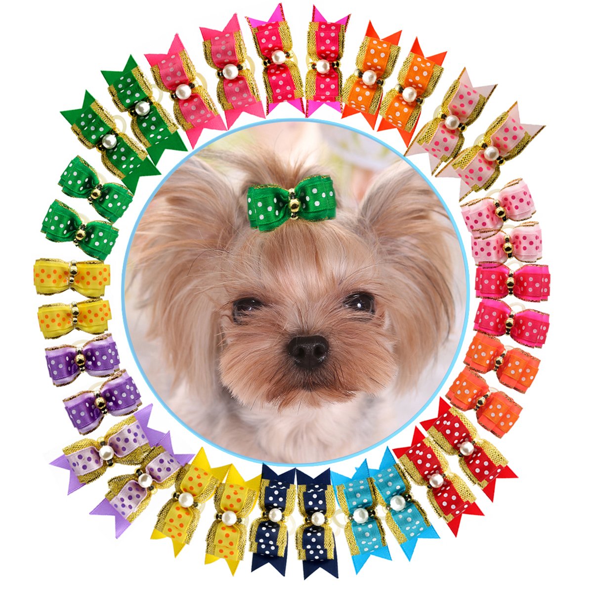 HOLLIHI 32 pcs/16 Pairs Adorable Grosgrain Ribbon Pet Dog Hair Bows with Elastic Rubber Bands - Doggy Kitty Bowknots Topknot Grooming Accessories Set for Long Hair Puppy Cat