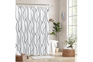Biscaynebay Textured Fabric Shower Curtain 72 Inches by 72 Inches, Black Printed Striped Linen Modern Hotel Luxury Quality Cloth Bathroom Curtains Machine Washable