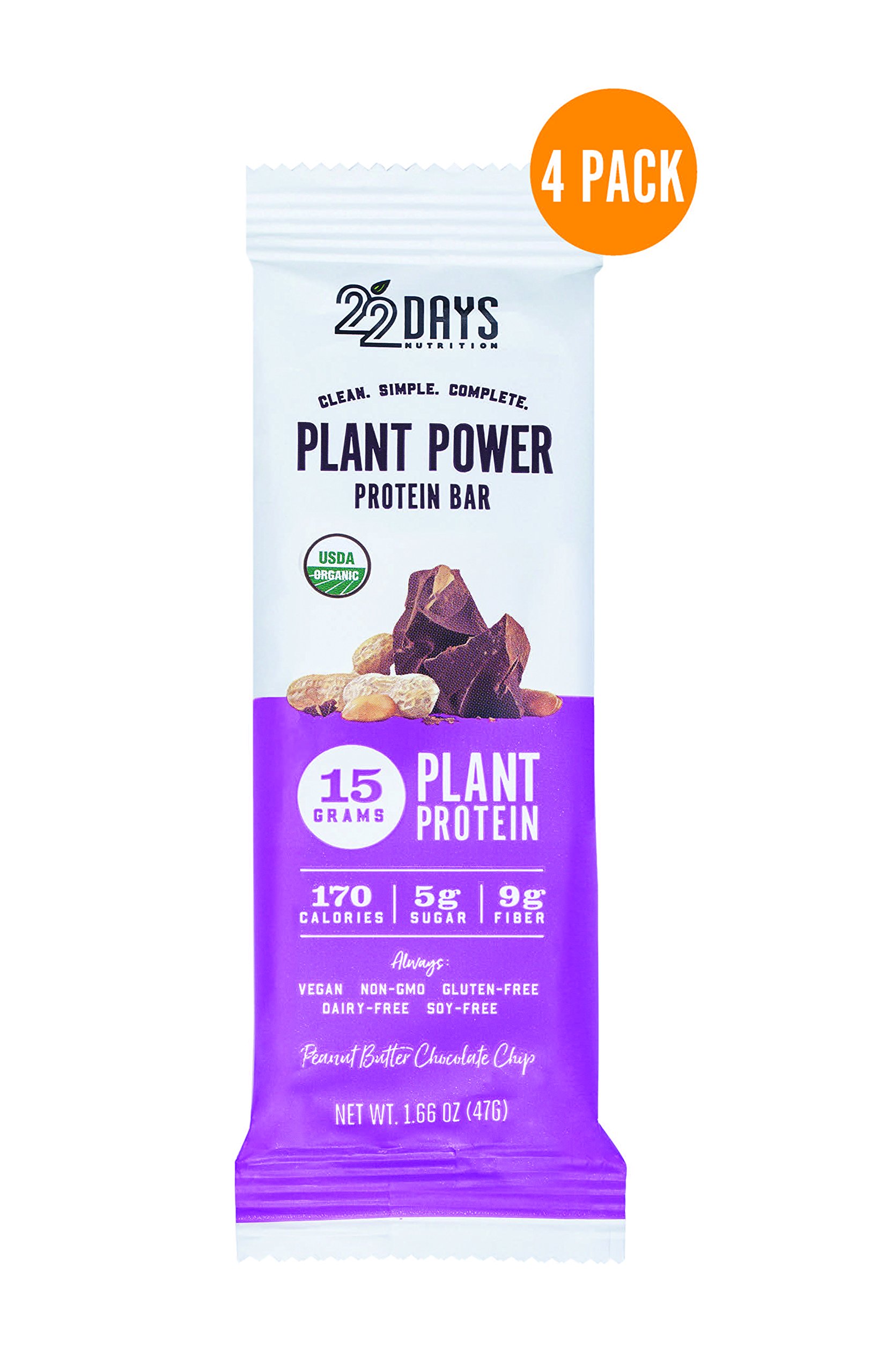 22 Days Nutrition Organic Protein Bar, Chunky Peanut Butter, 4 Count Plant Based