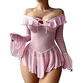 Neohouny Sexy Lingerie for Women Rave Outfits Clubwear See Through Lingerie Sets Bell Sleeve Ruffle Mesh Tops