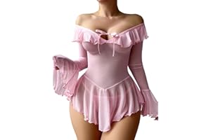 Neohouny Sexy Lingerie for Women Rave Outfits Clubwear See Through Lingerie Sets Bell Sleeve Ruffle Mesh Tops