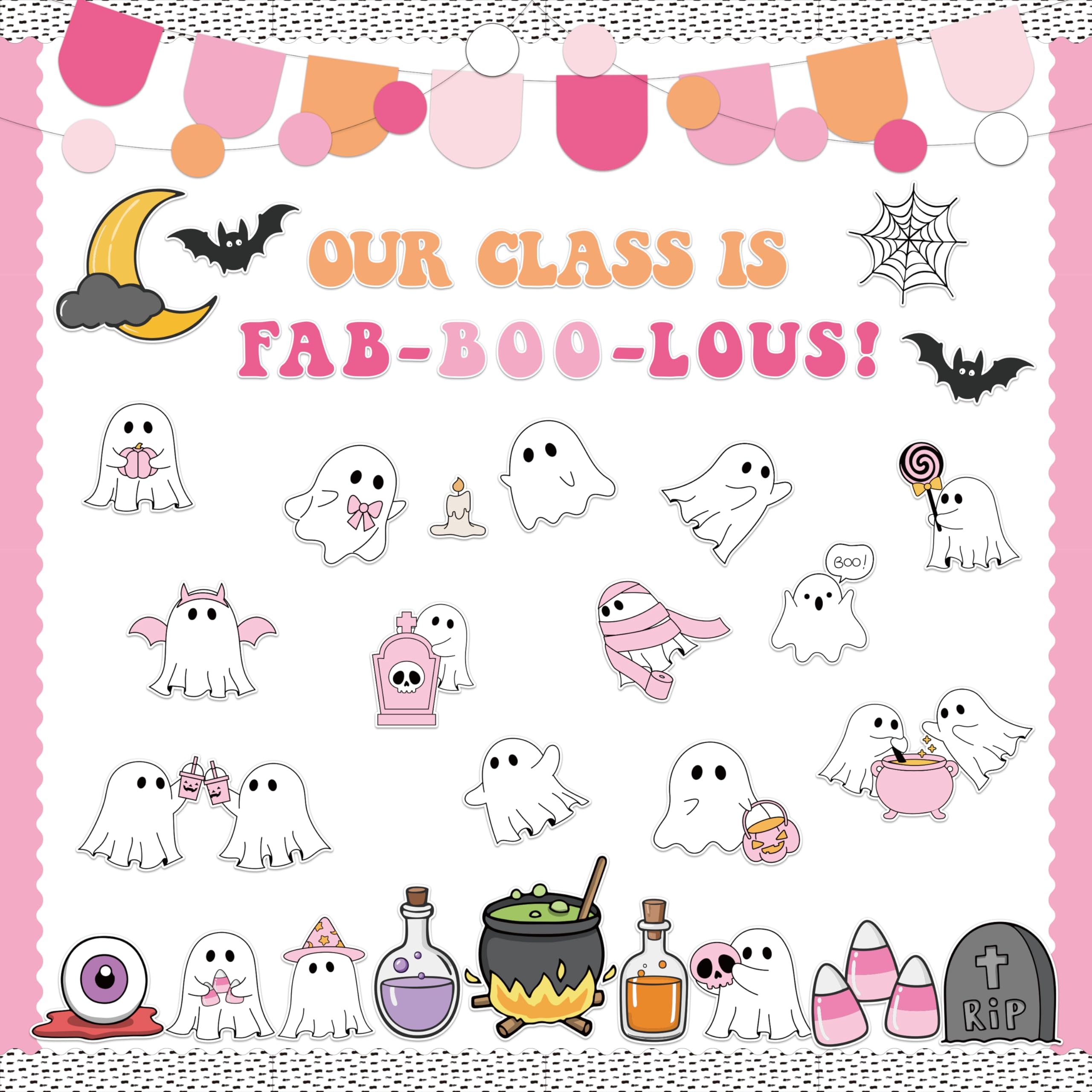 Photo 1 of CPicdn 119Pcs Halloween Bulletin Board Decoration Set, Cute Ghost Paper Cutouts Banner Border Trims Pink Boo Ghost Spooky Decor Halloween DIY Art Craft Classroom Chalkboard Supplies Wall Door Decor