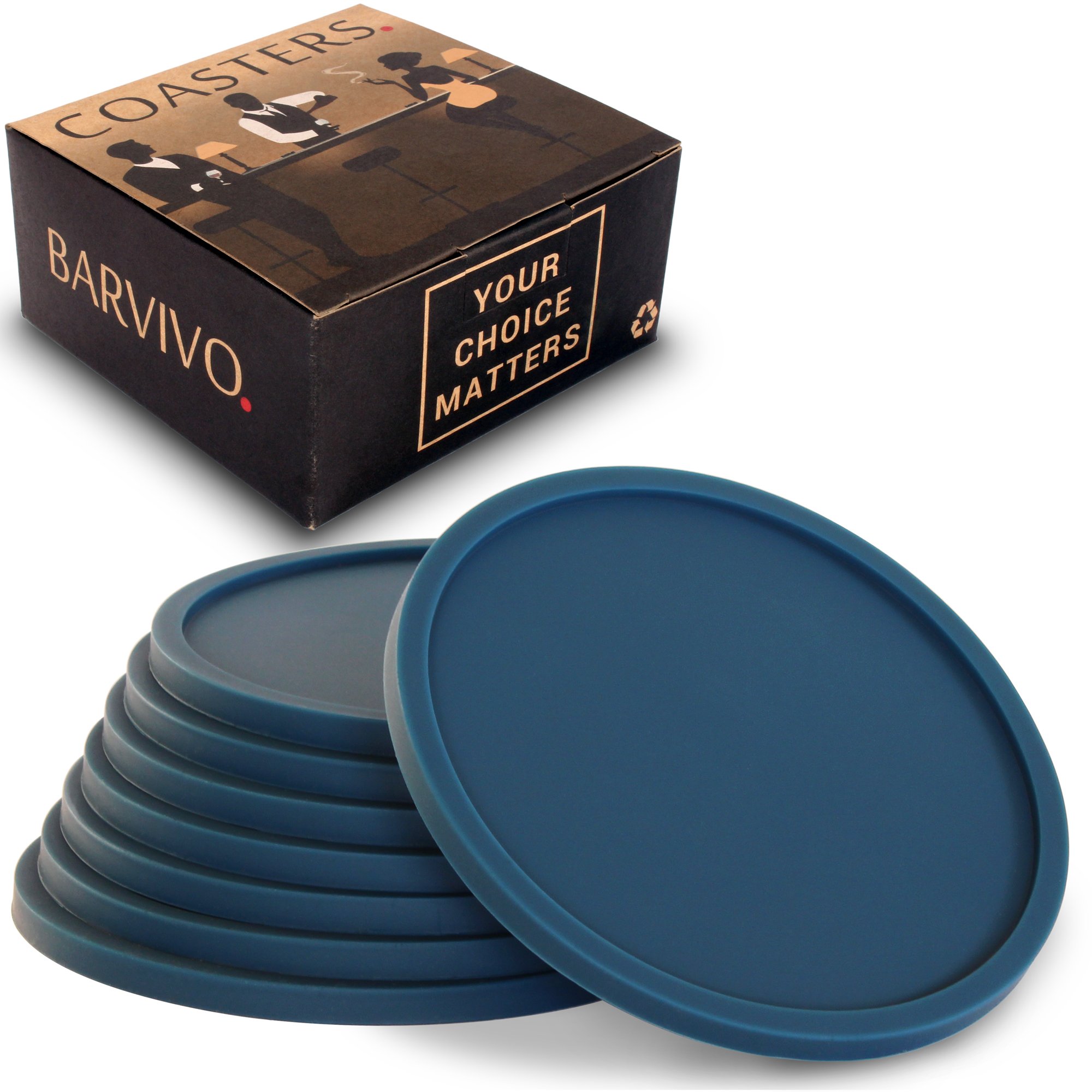 Photo 1 of Barvivo Silicone Coasters with Holder Set of 8 - Cup Coasters for Indoor and Outdoor, Perfect Durable Coaster for Tabletop Protection, Anti Slip, Suitable for All Drinks and Table Types - Blue