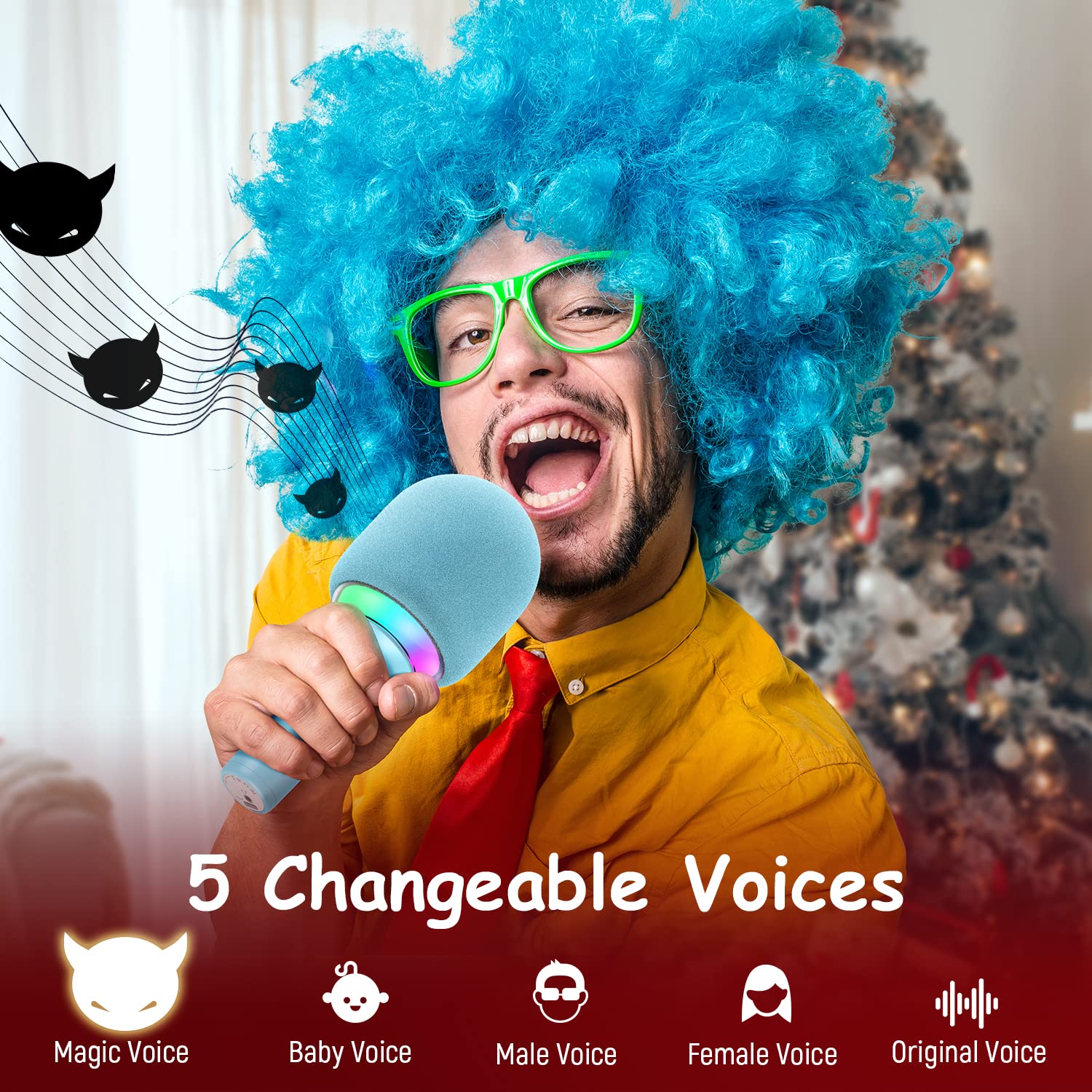 FIFINE Wireless Bluetooth Karaoke Microphone with Built-in Speaker, Portable Singing Microphone for Kids Adults Party Gifts with RGB LED Lights, Magic Voice, for Phone-AmpliSing E2 Blue