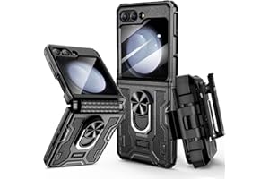 VEGO for Galaxy Z Flip 5 Case with Stand, 360°Ring Magnetic Ring Kickstand & Belt Clip Holster & Camera Screen Protector & Hinge Protection, Shockproof Cover - Black