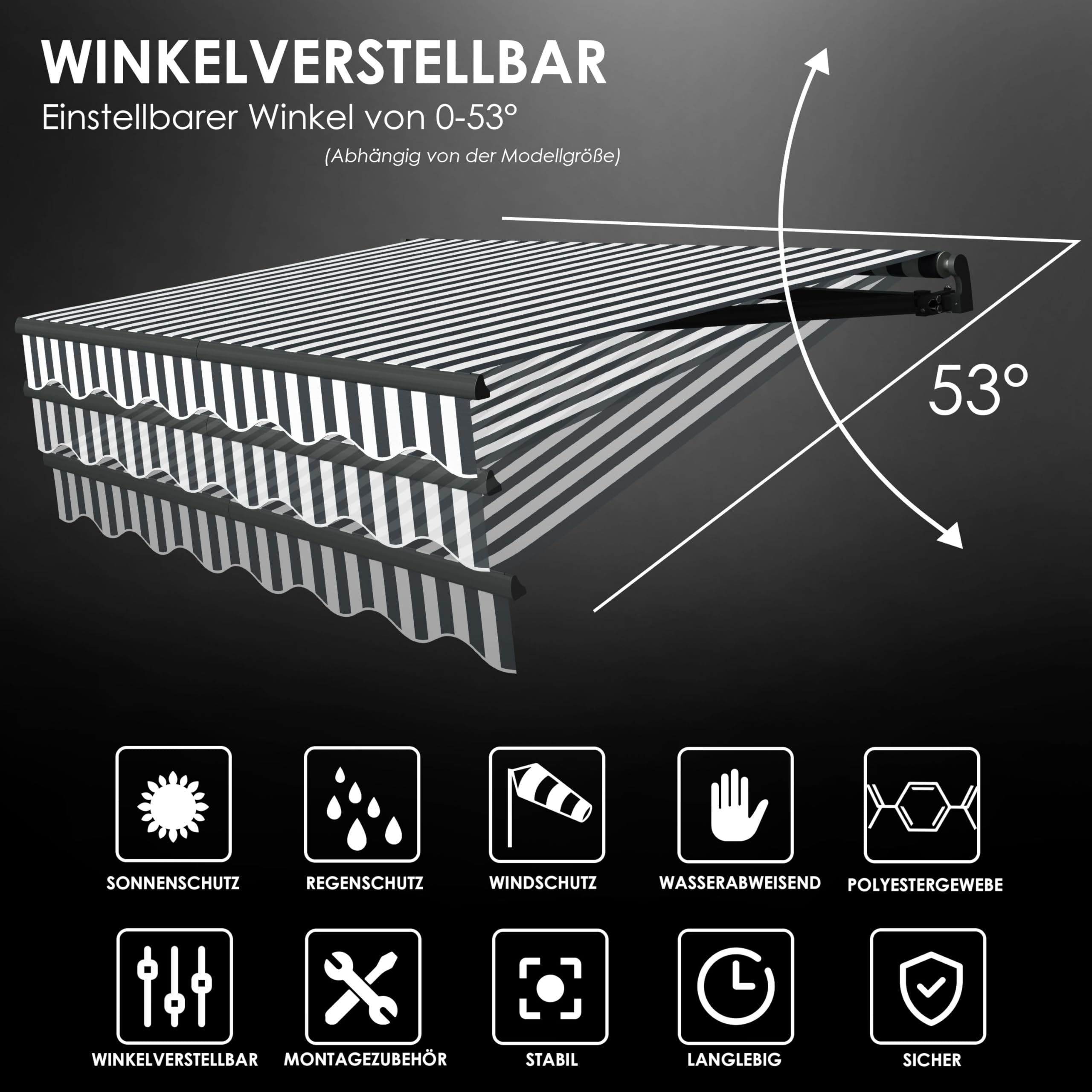 KESSER® Gelenkarmmarkise Markise Gelenkmarkise 250 x 200cm Terrassenmarkise Klemmmarkise Sonnenmarkise inkl. Wandhalterung Sonnenschutz Balkonmarkise wasserabweisend Alu/Polyester, Weiß/Anthrazit 4