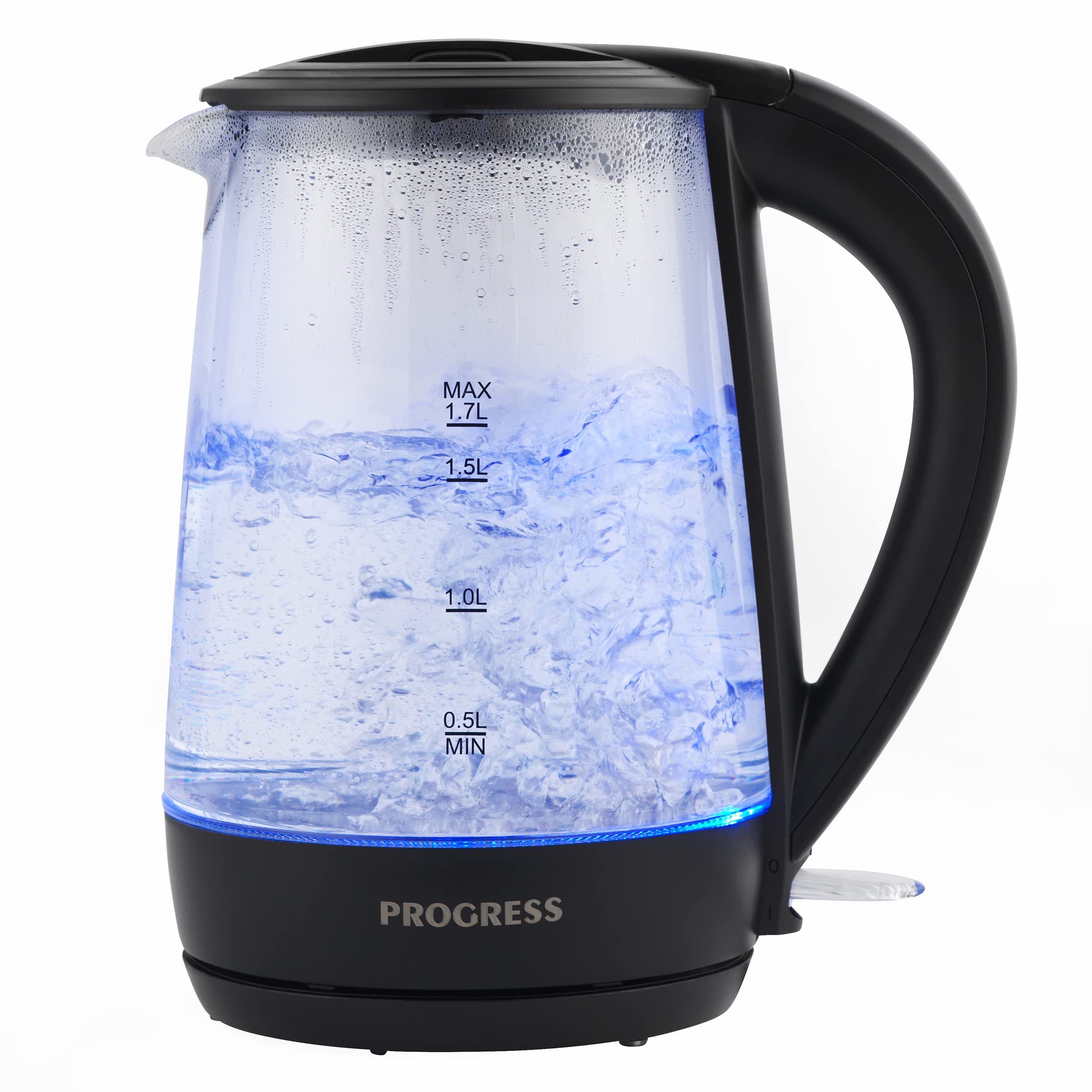 Progress EK3987P Glass Kettle – Electric 1.7L Water Tea Light Up Kettle With Blue LED Indicator Lights, 360° Swivel Base, Anti-Limescale Filter, Cordless, Boil-Dry Sensor, Auto Shut-Off, Illumi, 2200W
