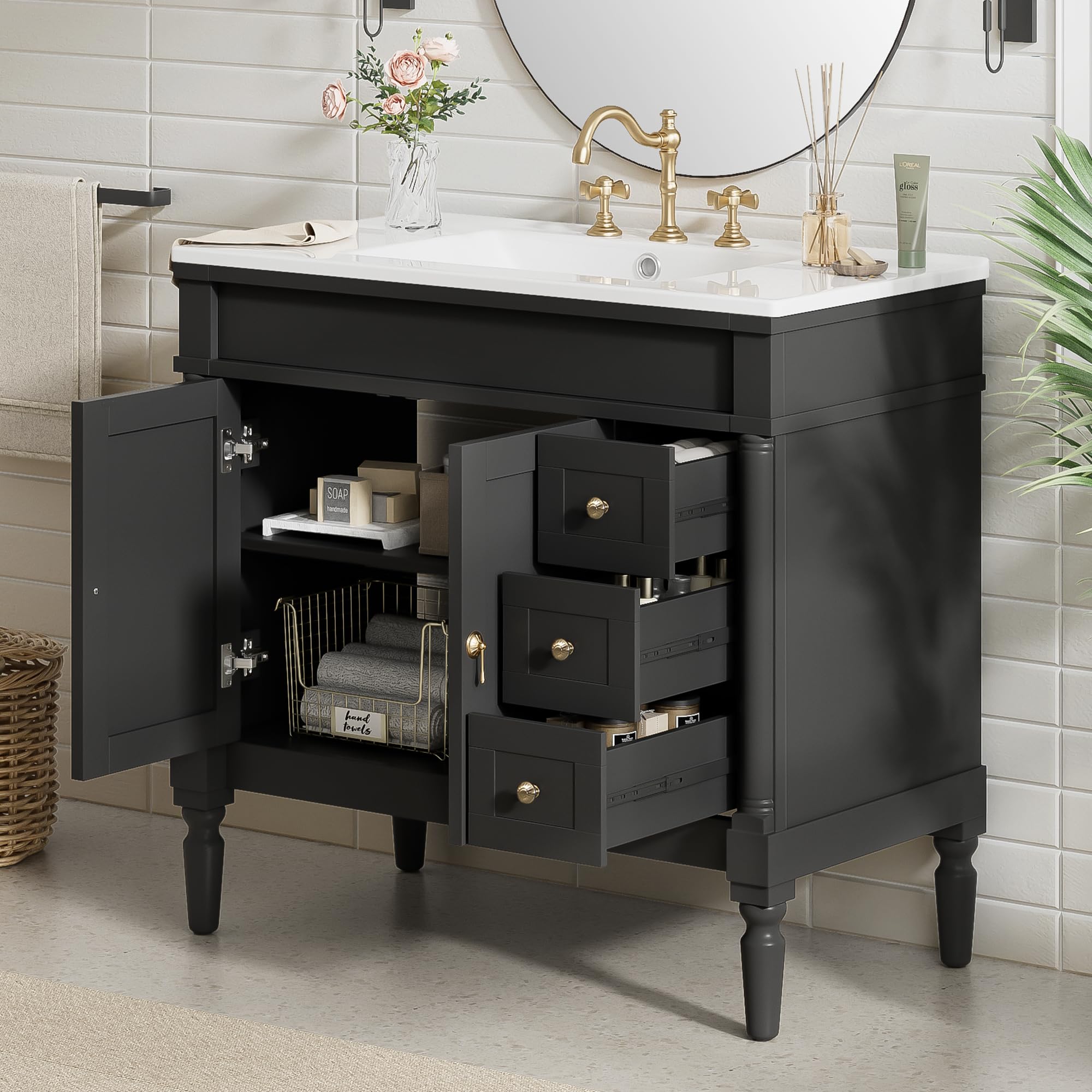 Photo 1 of Favfurish 36" Bathroom Vanity with Ceramic Sink,Freestanding Bath Cabinet w/Soft Closing Doors,Adjustable Shelves,Modern Storage Vanity Cabinet for Smaill and Medium Bathrooms,Black