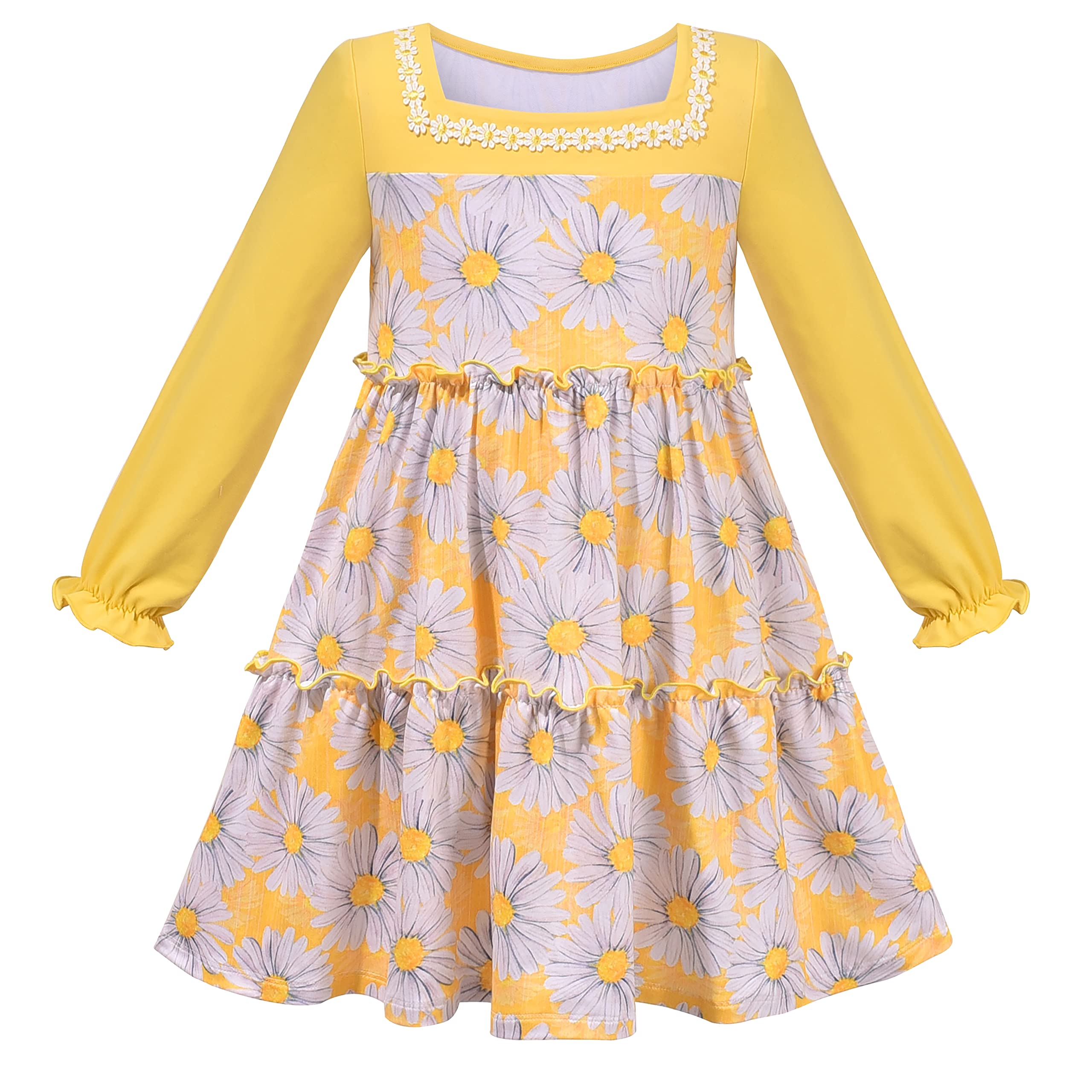 Girls Dress Yellow Daisy Floral Square Collar