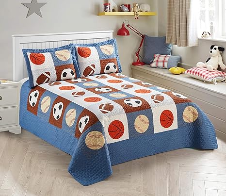 Amazon Co Jp Mkコレクション ベッドカバー 男の子向け スポーツ フットボール バスケットボール 野球 フル ブルー Cominhkg1508 ホーム キッチン