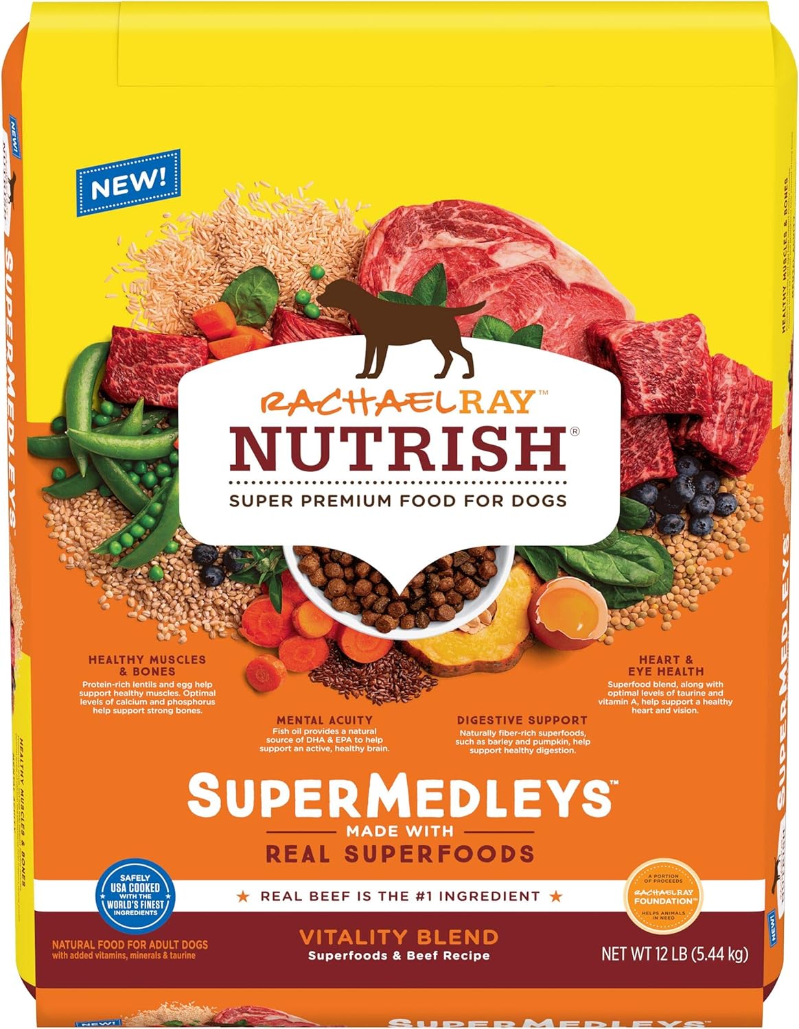 Rachael Ray Nutrish SuperMedleys Vitality Blend Premium Dry Dog Food, Beef, Salmon & Superfoods Recipe, 12 Pounds