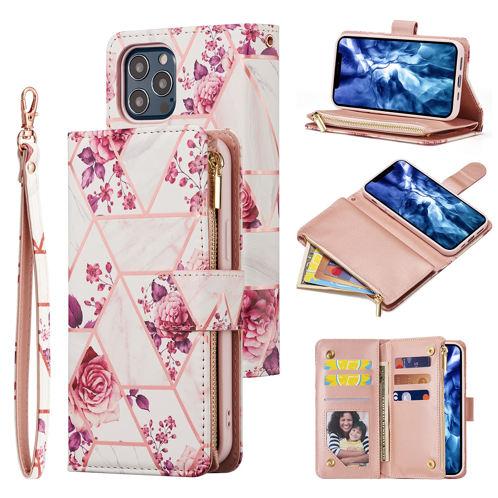 UEEBAI Wallet Case for iPhone 13 Pro 6.1 inch, Premium Vintage PU Leather Magnetic Closure Handbag Zipper Pocket Case Kickstand Card Holder Slots Wrist Strap TPU Shockproof Flip Cover - Rose Gold#2 — image 1