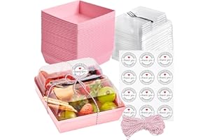 Leafiew 50 Pack Clear Treat Boxes with Forks - Small Dessert Boxes To Go - 5 Inch Disposable Paper Mini Containers for Cookie, Cake Slice, Charcuterie, Bakery, Strawberry, Baked Goods Packaging (Pink)