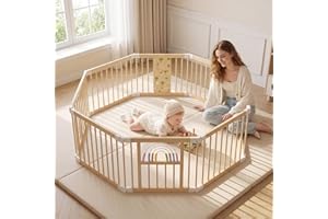 BLEKOO Portable Wooden Baby Playpen with Gate - Foldable 6-sided Activity Center, Adjustable Indoor Play Yard for Infants & T