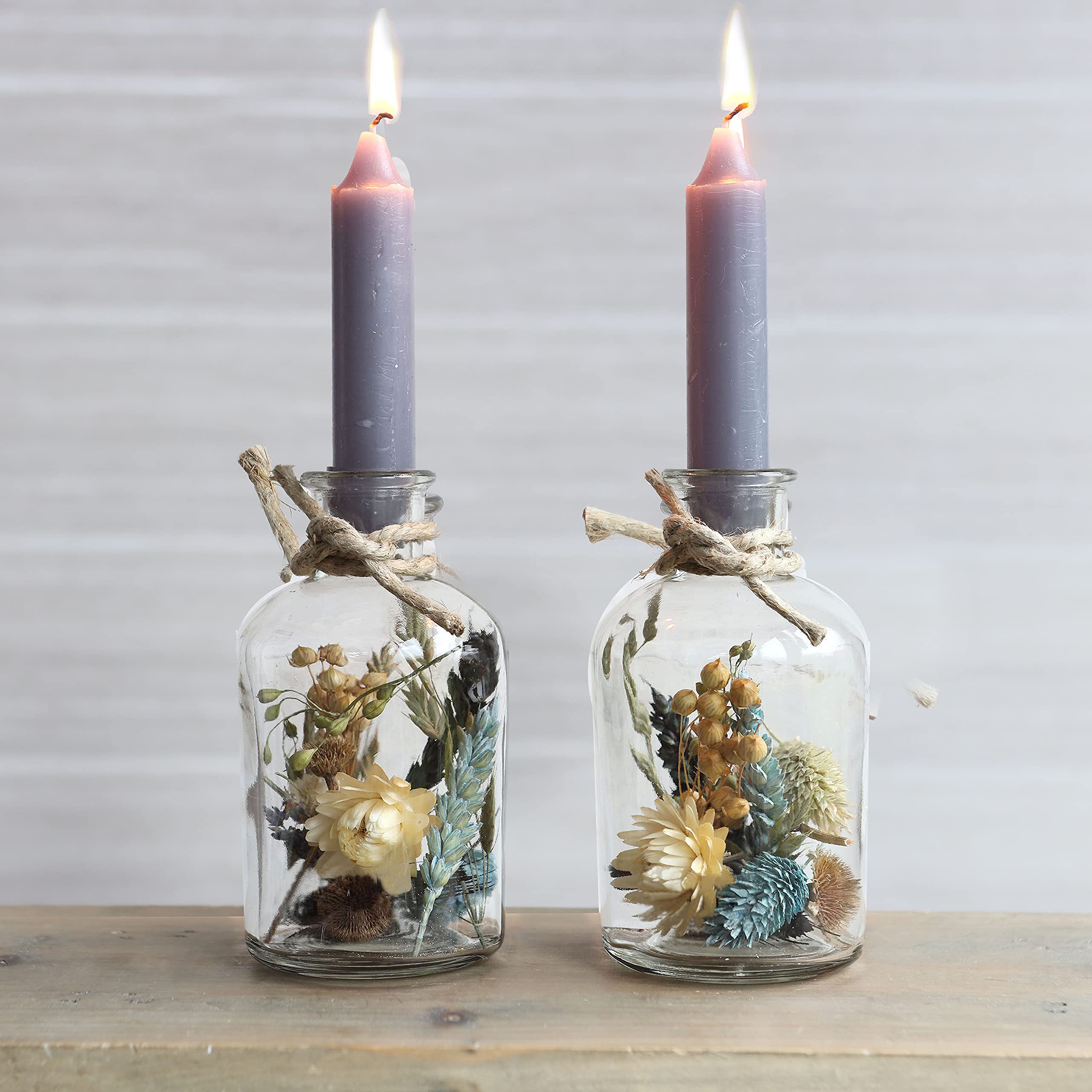 comforder Glass Candlestick Holder w. Dried Flowers, Candle Holder Set of 2, Home Decor or Table Centrepiece (Grey) — image 1