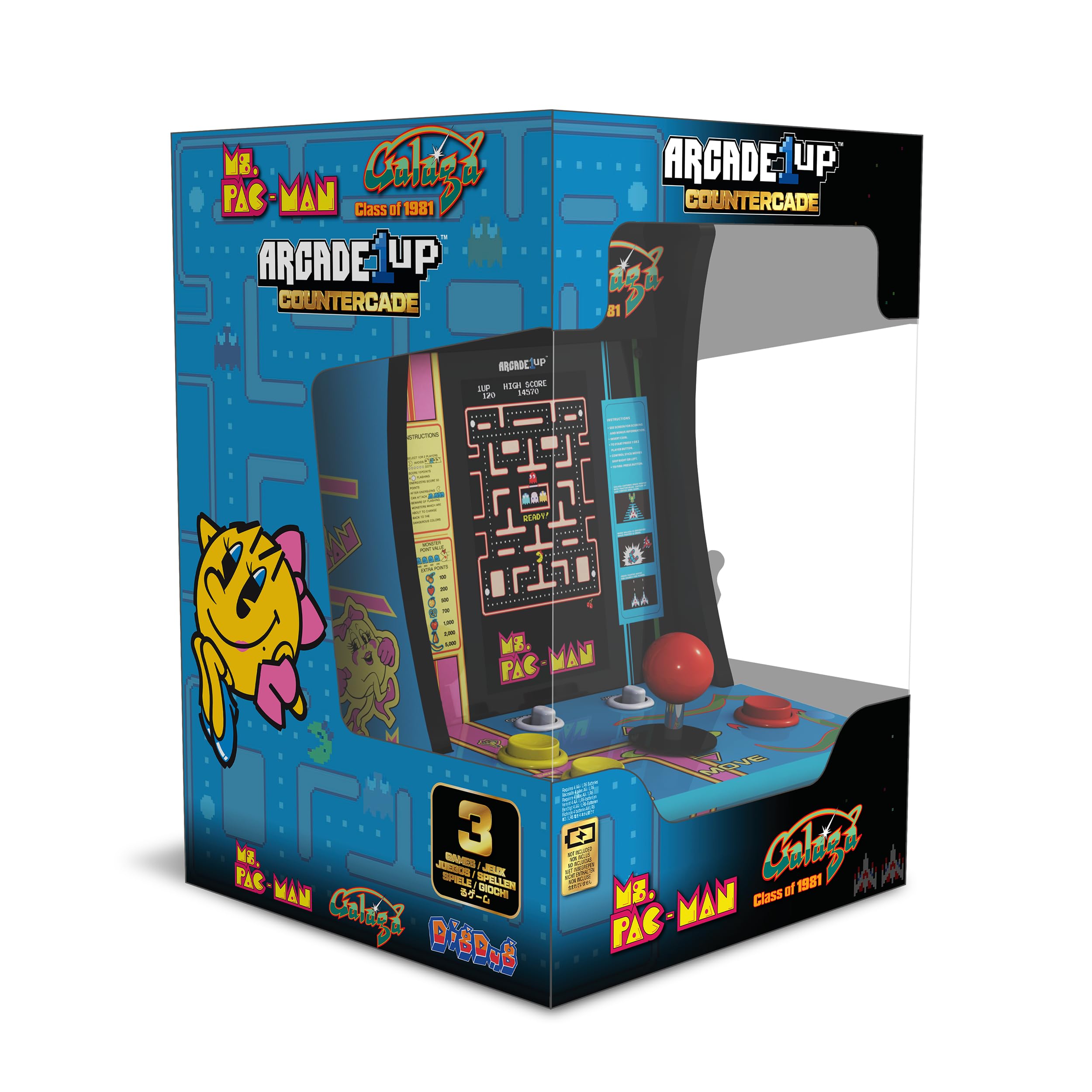 Arcade1Up Class of ‘81 Ms. PAC-Man/Galaga Countercade – 3 Classic Games, Retro Game Console for Home, Portable Console with 7-inch Screen, Table-top Video Game for Game Room
