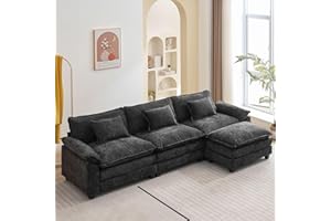 VUYUYU L Shape Sofa Comfy Sectional Cloud Couch for Living Room with Pillows, Modern Chenille Sofa Sleeper Deep Couches with Ottoman (Black, 4-Seat)
