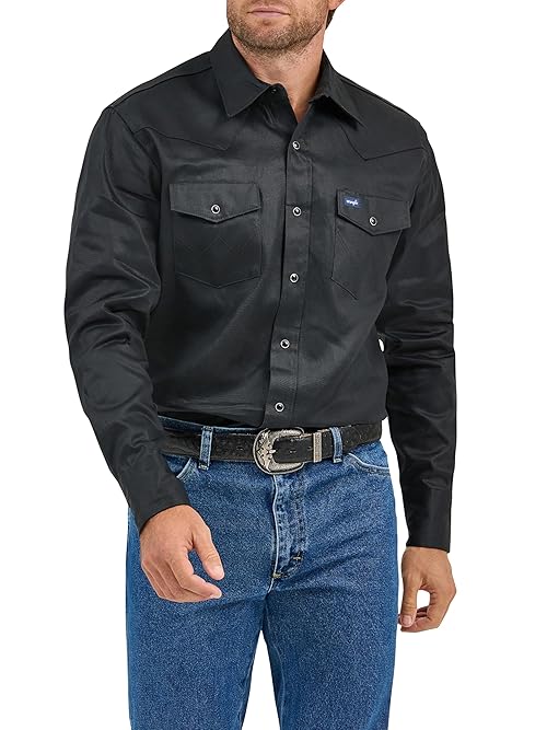 WranglermensCowboy Cut Western Long Sleeve Snap Work Shirt Firm Finish Black