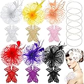 Thinkday 18 Pcs Multicolor Fascinators Hats Tea Party Hats for Women Girls, Fancy Derby Headband with Veil Flower Feathers Mesh and Lace Glove Set for Wedding Cocktail Party Dresses