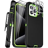COLDNICE for iPhone 15 Pro Max Case 6.7" with Belt Clip Holster Kickstand, 2 Screen Protector & 2 Camera Lens Protector, Heavy Duty Full Body Protection Phone Case Cover(Belt Clip,Black+Green)