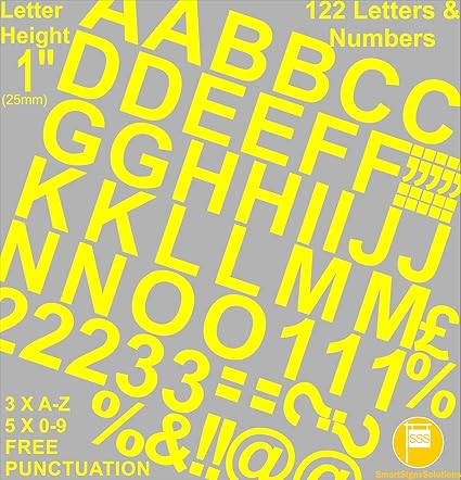 Professional Lot De 122 Pcs X 2 5 Cm 2 5 Cm Autocollant Jaune Lettres Et Chiffres Stickers Gratuit Ponctuation Lavables Grand Lettres H73010 Water Proof Tous Les Projets Amazon Fr Fournitures De Bureau