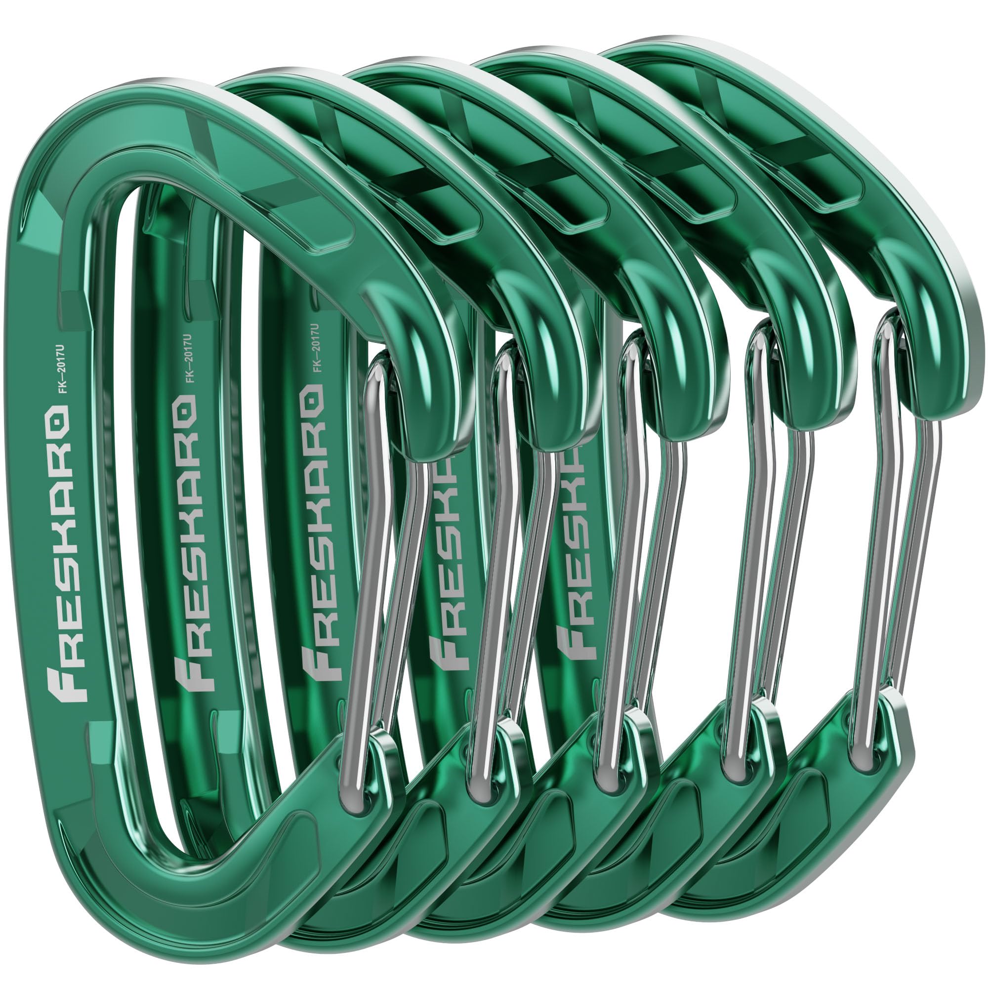 FresKaro 5pack Carabiner Clips, Carabina clip Medium Duty, Aluminium Karabiner Small Sturdy, Quick Release Spring Snap Wire-gate Hook, 8kN 816kg, for Key Keyring Camping, bottle holder, Mini, Green