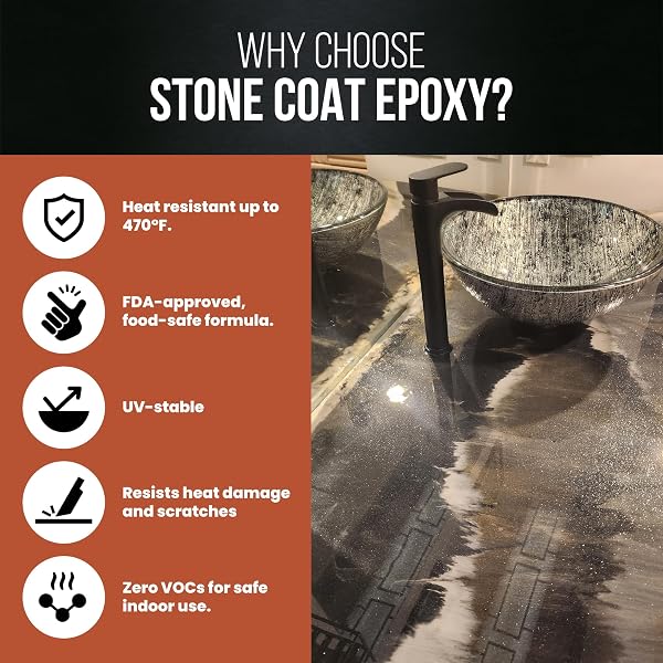 STONE COAT COUNTERTOPS CLEAR EPOXY RESIN KIT (2 GALLON) UV, SCRATCH AND HEAT RESISTANT, FOOD SAFE, FOR KITCHEN COUNTERTOP, TABLETOP, BAR TOP, SHOWER WALLS, WOOD SLABS, OTHER DIY ART CRAFT PROJECTS