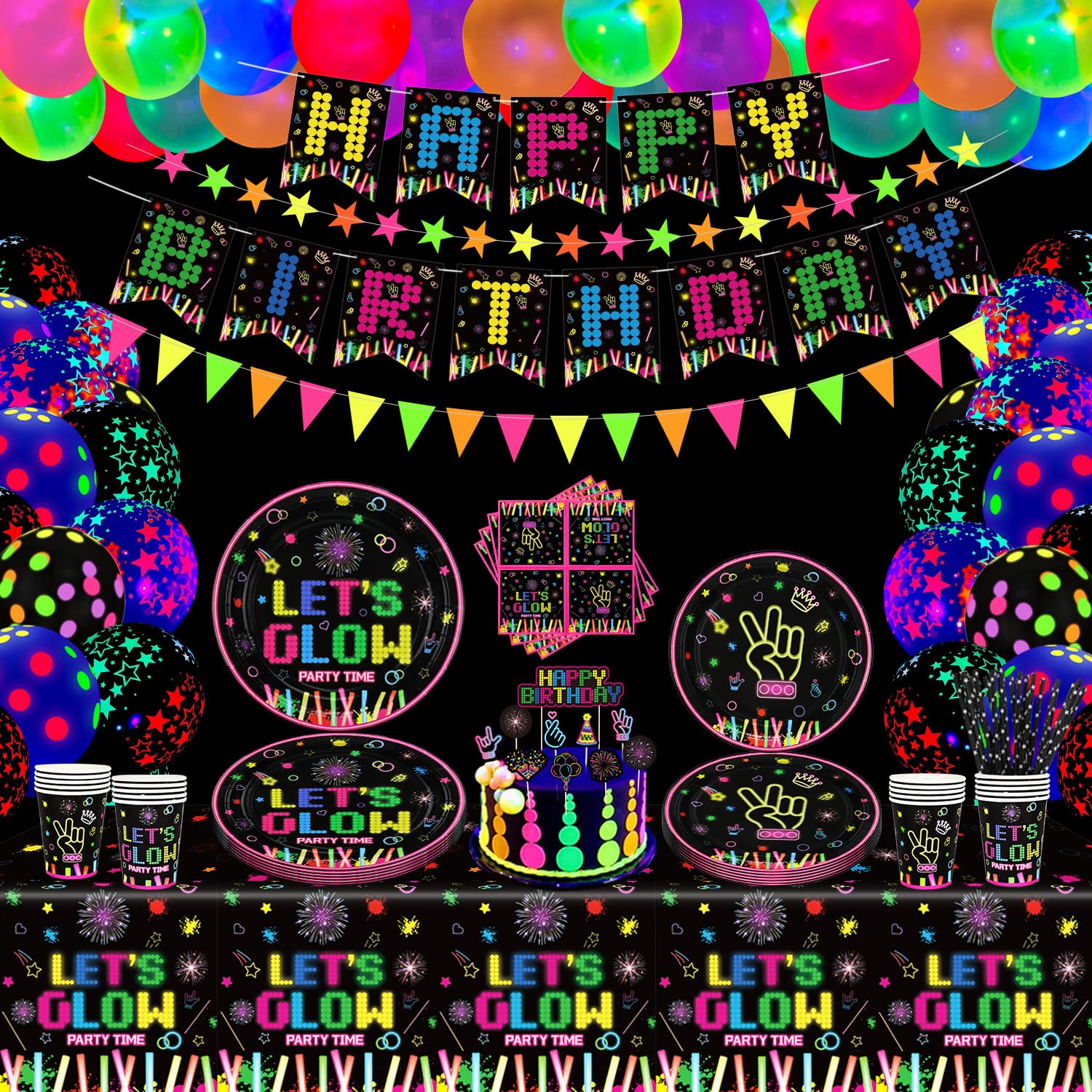 171 PCS Glow Neon Party Supplies - BlackLight Party Decorations Set - Plates, Banner, Fluorescent Balloons, Neon Glow Tablecloths, Stars Garland, Cups, Napkins - Serves 20