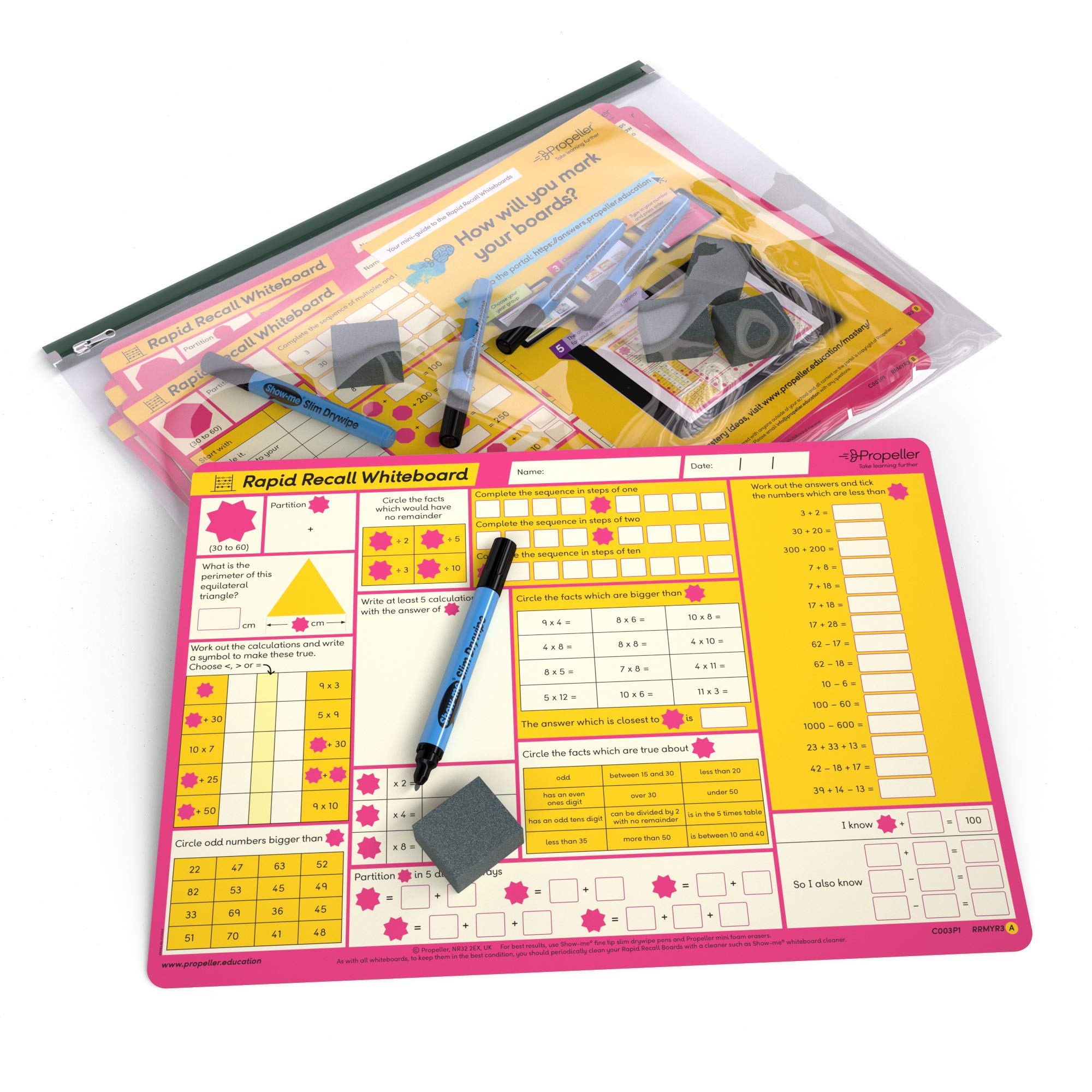 Propeller Education C003P5 Whiteboards Year 3 Kit – A3 Size, Double-Sided Boards for Drywipe and Whiteboard Pens (Pack of 5))