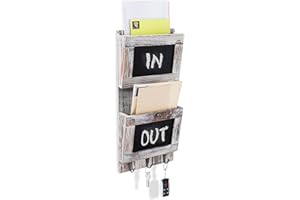 2-Slot Rustic Wood Wall-Mounted Mail Sorter Organizer with Chalkboard Surface & 3 Key Hook Rack