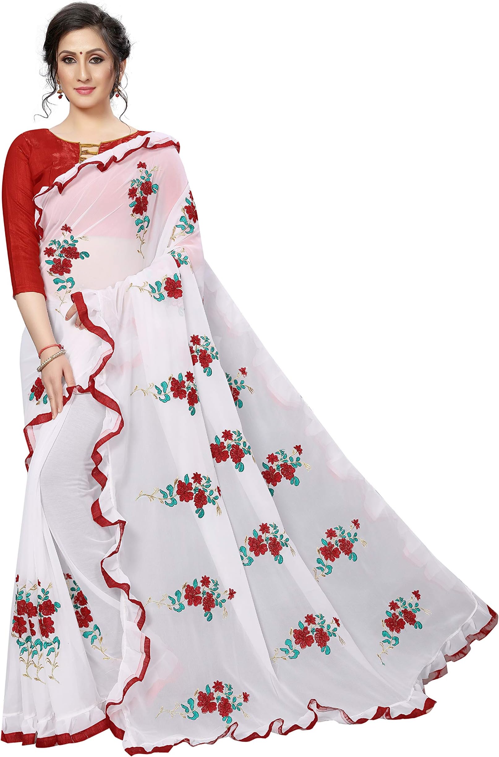 Shiroya Brothers Women's Embroidered Ruffle Georgette Saree with Blouse Piece