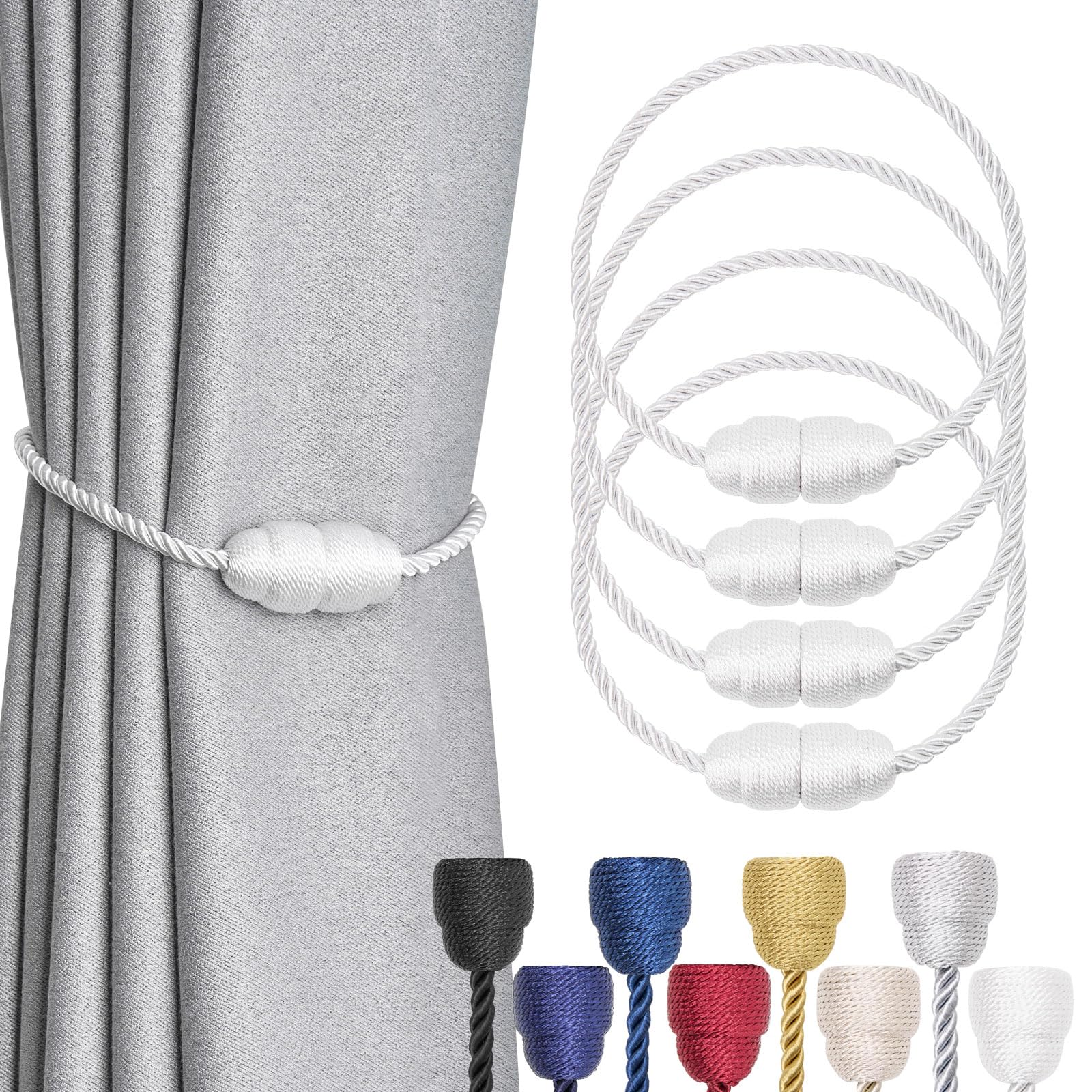 Pretty Jolly 4 Pack Strong Magnetic Curtain Tiebacks - Handmade Weave Side Rope Curtain Holdbacks - Unique & Elegant Decorative Tie Backs for Home & Office Windows (White)