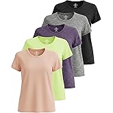 Real Essentials 5 Pack: Women's Short Sleeve T-Shirts Workout Tops Fitness Pilates Gym Activewear Athletic (Plus Available)