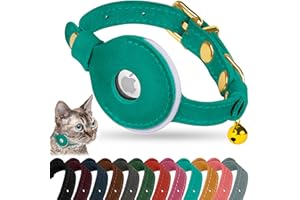 OOPSDOGGY Reflective Leather AirTag Cat Collar with Bell - Non Breakaway Adjustable Pet Collar with Apple Air Tag Holder - Lightweight GPS Kitten Collars for Small Dogs Puppy (Teal)