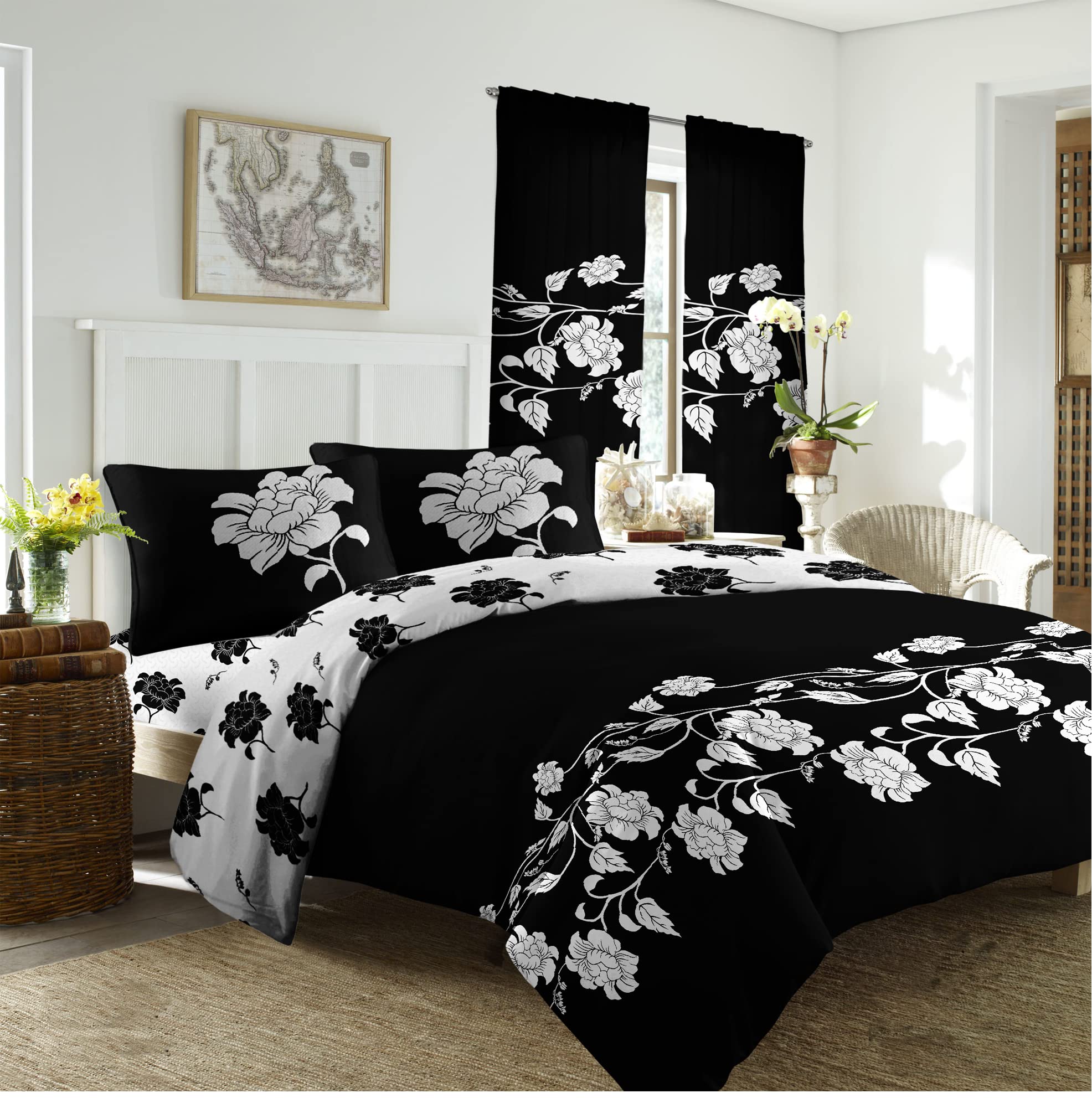 JRI 4 Piece Qaisiria Richmond Black Duvet Cover Bedding Set Plain Luxury Set Include (1xDuvet Cover, 1xFitted Sheet, 2x Pillow Case)-Double - (Same Day Dispatch)