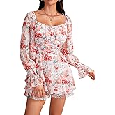 LYANER Women's Floral Print Off Shoulder Long Sleeve Ruffle Hem Romper Short Jumpsuit