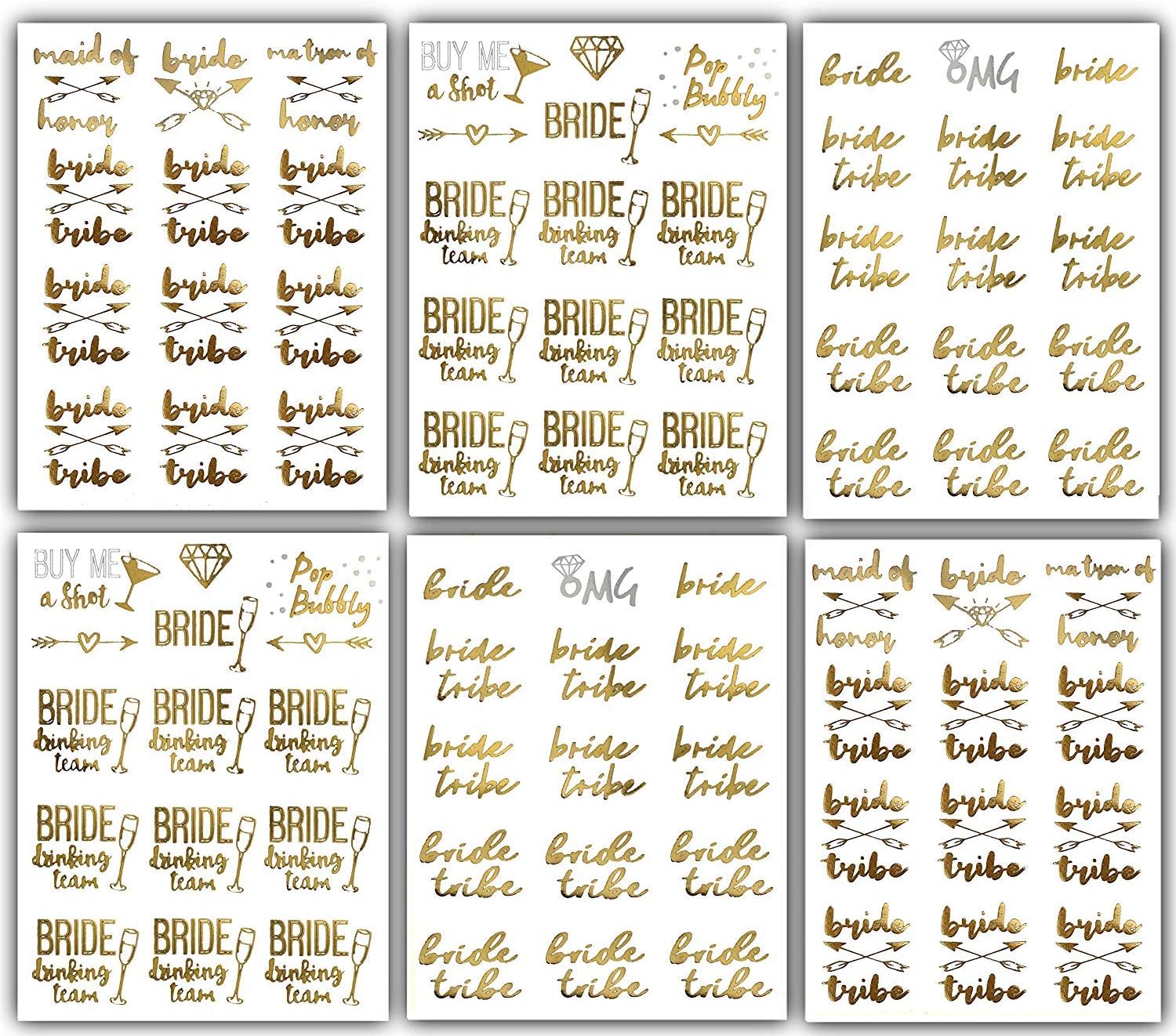 Bachelorettesy Bride to Be Gold Metallic Temporary Tattoos 100+ Designs Diamond Ring, Bubbly, Bride Tribe for Engagement & Bachelorette Party Waterproof Nontoxic Lasting