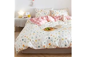 BlueBlue Rabbit Duvet Cover Set Queen 100% Cotton Bedding for Kids Boys Girls Teens Woman Cartoon White Bunny Floral Print on Cream 1 Animals Comforter Cover Full with Zipper Ties 2 Pillowcases Queen