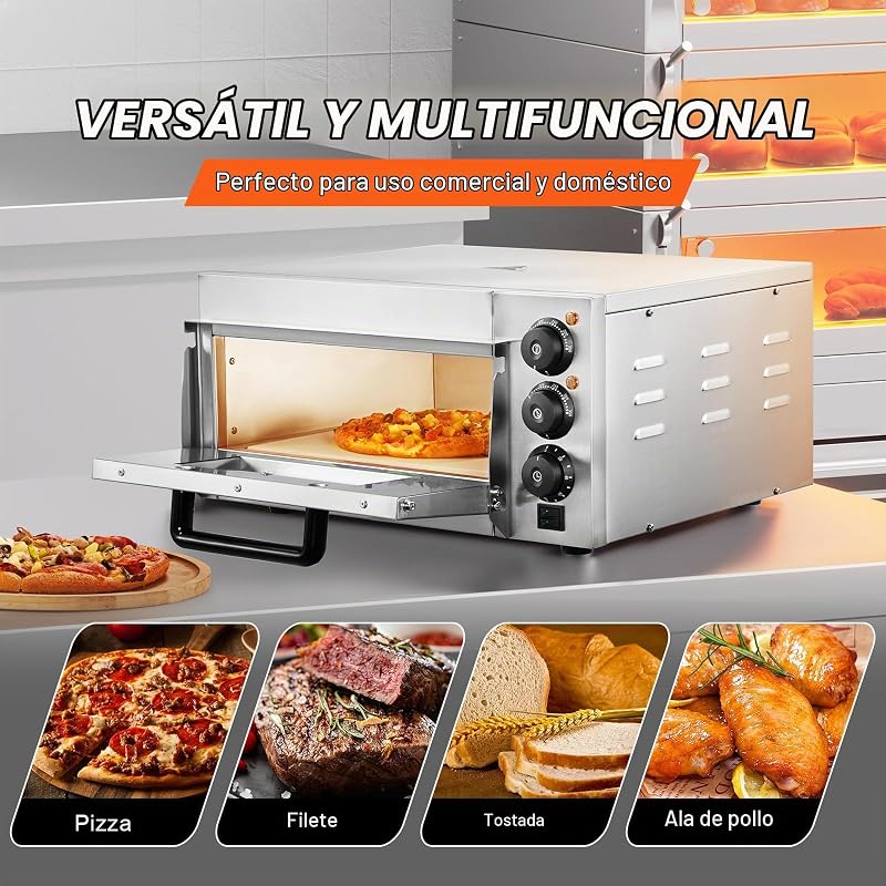 Horno de Pizza Comercial Eléctrico de Encimera de Una Sola Capa, Acero Inoxidable con Piedra y Mango, Multiusos para Interiores para Restaurantes, Pretzels Horneados en Casa, 517 x 470 x 266 mm